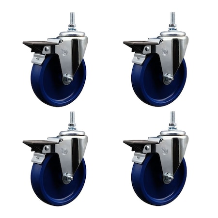 Service Caster 5 Inch Solid Polyurethane 12 MM Threaded Stem Caster Set with Brake SCC-TS20S514-SPUS-PLB-M1215-4